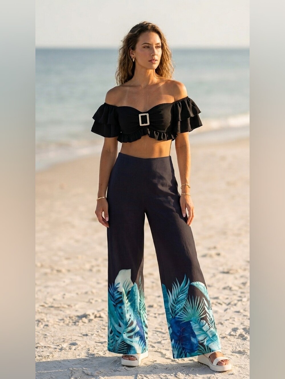 Set High-Waist Wide-Leg Tropical Print Pants - Black Wirh Crop Top